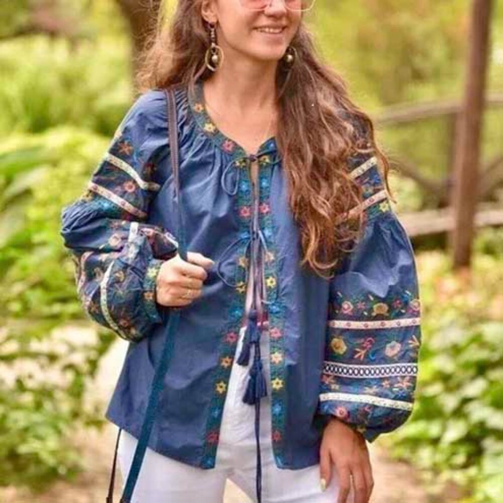 Zara Trafaluc Collection Women's Boho blue Embroidered Balloon Sleeve Blouse Top